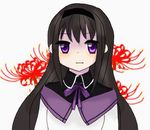  akemi_homura black_hair dress flower funeral_dress hairband long_hair looking_at_viewer mahou_shoujo_madoka_magica mahou_shoujo_madoka_magica_movie mioko_(rokuga_saisei) purple_eyes simple_background solo spider_lily spoilers upper_body white_background 