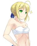  ahoge artoria_pendragon_(all) bandeau blonde_hair blush boa_(brianoa) breasts doyagao fate/stay_night fate_(series) green_eyes hair_ribbon hand_on_hip highres ribbon saber small_breasts smile solo sparkle strapless transparent_background 