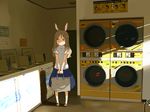  animal_ears bag blush deer_ears holding laundromat light_brown_hair matsuda_kouta realistic sandals scenery shirt skirt sunlight washing_machine 