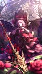  adapted_costume alternate_costume armchair ascot bat_wings blurry bow chair depth_of_field flower gears hat hat_ribbon highres looking_at_viewer mob_cap parted_lips polearm purple_hair red_eyes remilia_scarlet ribbon rose ryosios short_hair sitting solo spear spear_the_gungnir throne touhou weapon wings 