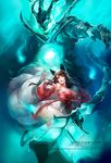  ahri animal_ears bare_shoulders black_hair breasts detached_sleeves fox_ears fox_tail korean_clothes large_breasts league_of_legends long_hair multiple_tails na_young_lee orb red_eyes solo_focus tail thresh watermark web_address whisker_markings yellow_eyes 