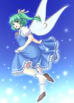  blue_dress blue_hair daiyousei dress dress_lift fairy fairy_wings gradient gradient_background green_eyes green_hair hair_ribbon isaki_(gomi) looking_at_viewer open_mouth pointy_ears puffy_short_sleeves puffy_sleeves ribbon shirt short_sleeves side_ponytail smile solo touhou wings 
