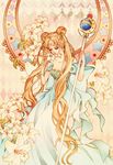  back_bow bare_shoulders bead_bracelet beads bishoujo_senshi_sailor_moon bishoujo_senshi_sailor_moon_crystal blonde_hair blue_eyes bow bracelet collarbone crescent double_bun dress facial_mark flower forehead_mark full_body hair_ornament hairpin highres jewelry lily_(flower) long_hair princess_serenity sizh solo staff star strapless strapless_dress tsukino_usagi twintails very_long_hair white_dress 