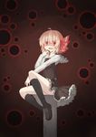  :d absurdres ahoge blonde_hair blood blood_on_face blood_on_fingers bloody_clothes column dark darkness frilled_skirt frills hair_ribbon highres open_mouth pillar red_eyes ribbon rumia sh_(562835932) shaded_face shirt short_hair sitting skirt smile solo touhou vest 