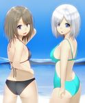  ass back beach bikini blue_eyes blue_sky breasts brown_hair cloud competition_swimsuit day hair_ornament hair_over_one_eye hairclip hamakaze_(kantai_collection) island kantai_collection looking_at_viewer looking_back maya_(kantai_collection) medium_breasts ocean one-piece_swimsuit open_mouth outdoors sand short_hair silver_hair sky swimsuit water white_hair yuushin 