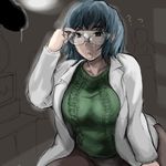  ? aran_sweater blue_eyes blue_hair breasts cum facial goggles labcoat large_breasts lowres penis safety_glasses solo_focus supopo_(pi4v2000) sweater 