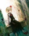  backlighting blonde_hair bug butterfly hair_ribbon highres insect long_sleeves looking_at_viewer overgrown plant red_eyes ribbon rumia shirt sitting skirt skirt_set smile solo spark621 touhou vest vines 