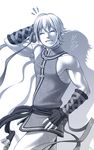  1boy chinese_clothes dead_or_alive eliot_(doa) fingerless_gloves gloves grin marco_paal monochrome muscle ribbon sash short_hair sleeveless smile solo vambraces 