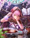  alchemy arm_support bad_id bad_pixiv_id book bookshelf bowl breasts cape cleavage dress erlenmeyer_flask grimoire hand_on_own_cheek hong hood library medium_breasts official_art one_eye_closed pink_hair tenkuu_no_crystalia white_dress yellow_eyes 