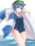  blue_hair blush hair_bobbles hair_ornament hat highres innertube kawashiro_nitori namauni one-piece_swimsuit open_mouth school_swimsuit short_hair solo swimsuit touhou two_side_up water 