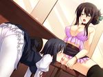  2girls all_fours black_hair blush breasts brown_hair butterfly_hair_ornament chair collar cunnilingus eyes_closed female game_cg green_eyes hair_ornament large_breasts maid minase_kaori minase_tomoe multiple_girls no_panties open_mouth oral panties pantyhose pussy sitting smile softhouse-seal spread_legs thighhighs touma_kojiro_no_tantei_file uncensored underwear white_legwear white_pantyhose yuri 