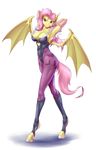  anthro anthrofied arms_behind_head bat_pony cleavage clothed clothing cutie_mark darkstalkers doomy elbow_gloves equine female flutterbat_(mlp) fluttershy_(mlp) friendship_is_magic fur gloves hair looking_at_viewer mammal morrigan_aensland my_little_pony pink_hair plain_background red_eyes solo standing video_games white_background wings yellow_fur 
