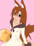  animal_ears bare_shoulders breasts brown_hair collarbone colorized dress error glasses imaizumi_kagerou jewelry long_hair looking_at_viewer matsuda_kiyopii pink_background red_eyes semi-rimless_eyewear simple_background sitting sketch smile solo tail touhou wolf_ears wolf_tail 