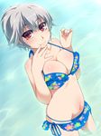  alternate_hairstyle bare_shoulders bikini bikini_skirt blue_bikini bow breasts collarbone floral_print frilled_bikini frills from_above hair_bow halterneck hand_to_own_mouth hayashi_custom highres izayoi_sakuya lace lace-trimmed_bikini large_breasts light_smile looking_at_viewer navel ocean ponytail red_eyes short_hair side-tie_bikini silver_hair smile solo swimsuit touhou wading water 