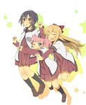  black_hair blonde_hair blue_eyes brown_eyes closed_eyes funami_yui hug hug_from_behind multiple_girls nanamori_school_uniform pink_hair ribbon sakuragi_mochi school_uniform serafuku smile star toshinou_kyouko twintails wince yoshikawa_chinatsu yuru_yuri 