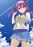  blue_eyes blue_skirt blush cloud day hair_ribbon hand_in_hair hayaneko_(ceceragi) highres hiiragi_kagami long_hair looking_at_viewer lucky_star purple_hair ribbon ryouou_school_uniform school_uniform serafuku skirt sky solo twintails yellow_neckwear 