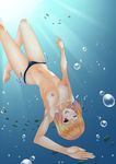  air_bubble barefoot bikini_bottom blonde_hair blue_bikini_bottom breasts breath bubble fish freediving happy nipples open_mouth original red_hair small_breasts solo swimming swimsuit topless un4lord underwater water 