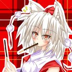  animal_ears bare_shoulders blush detached_sleeves eating food hat inubashiri_momiji looking_at_viewer pocky pom_pom_(clothes) red_eyes reddo9 short_hair silver_hair solo tokin_hat touhou wolf_ears 