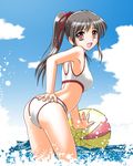  ass ball beachball bikini black_hair brown_eyes ikawa_kanoya leaning_forward long_hair original ponytail solo swimsuit 