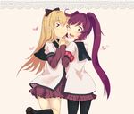  &gt;_&lt; armband black_legwear blonde_hair blush cheek-to-cheek closed_eyes dress heart holding_hands interlocked_fingers long_hair multiple_girls nanamori_school_uniform pantyhose ponytail red_hair sailor_dress school_uniform serafuku smile sugiura_ayano toshinou_kyouko very_long_hair wince yuriyacco yuru_yuri 