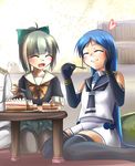  2girls ^_^ ^o^ admiral_(kantai_collection) bangs black_legwear blouse blue_hair bow bowtie cake closed_eyes dish elbow_gloves food fork gloves grey_hair hair_bow jacket kantai_collection long_hair midriff military military_uniform multiple_girls naval_uniform navel out_of_frame pantyhose ponytail samidare_(kantai_collection) school_uniform serafuku short_hair short_sleeves sitting skirt sleeveless smile table thighhighs uniform very_long_hair yoshizawa_hikoto yuubari_(kantai_collection) 