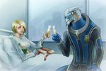  1girl alcohol alien bandages bandaid bed blonde_hair blue_eyes bottle box champagne champagne_flute commander_shepard commander_shepard_(female) cup drinking_glass garrus_vakarian gift gift_box hospital_bed hospital_gown jeanne_kongphengta mass_effect short_hair toast_(gesture) turian 