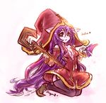 animal_ears bad_id bad_pixiv_id bare_shoulders breasts cleavage garter_straps green_eyes hat league_of_legends long_hair looking_at_viewer lulu_(league_of_legends) medium_breasts older open_clothes open_mouth open_shirt pix purple_hair purple_skin shirt solo staff sueyen thighhighs very_long_hair wings 