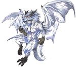  88po ambiguous_gender anthro beard capcom claws dragon facial_hair fatalis floating fur horn markings monster_hunter muscles nude pecs plain_background red_eyes scales scalie socks_(marking) solo spread_wings toned video_games white_background white_scales wings 
