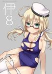  blonde_hair breasts glasses green_eyes hat i-8_(kantai_collection) kantai_collection large_breasts long_hair looking_at_viewer one-piece_swimsuit pororigenki red-framed_eyewear school_swimsuit solo sweatdrop swimsuit thighhighs torn_clothes twintails twitter_username white_legwear 