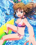  :d aqua_eyes bikini blush braid breasts brown_hair cleavage idolmaster idolmaster_million_live! kousaka_umi long_hair looking_at_viewer medium_breasts official_art open_mouth smile solo splashing surfboard surfing swimsuit v-shaped_eyebrows 