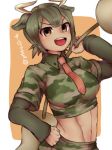  1girl :d animal_ears aurochs_(kemono_friends) bangs brown_eyes brown_hair camouflage camouflage_shirt character_name collared_shirt cow_ears crop_top cropped_shirt dark_skin dodo_taro empty_eyes eyebrows_visible_through_hair fingernails green_hair hand_on_hip hand_up heart holding holding_weapon horns kemono_friends layered_sleeves long_sleeves looking_at_viewer midriff multicolored_hair navel necktie open_mouth over_shoulder red_neckwear shirt short_hair short_over_long_sleeves short_sleeves smile solo stomach toned twisted_torso two-tone_hair upper_body upper_teeth v-shaped_eyebrows weapon weapon_over_shoulder wing_collar 