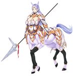  animal_ears armor bad_id bad_pixiv_id blue_eyes blue_hair breasts centaur highres horse_ears huge_breasts mole mole_under_eye monster_girl original polearm smile solo spear vuccha weapon 