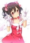  \m/ black_hair blush bow choker double_\m/ dress gloves hair_bow hair_ribbon looking_at_viewer love_live! love_live!_school_idol_project ok-ray petals red_dress red_eyes ribbon smile solo twintails white_gloves wings yazawa_nico 