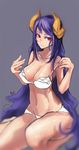  blue_background breasts caooll cleavage highres horns large_breasts long_hair looking_at_viewer original purple_hair red_eyes simple_background smile solo thighs very_long_hair 
