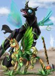  absurd_res applejack_(mlp) bag changeling duo equine female feral friendship_is_magic grass green_feathers hammer hi_res horn horse mammal my_little_pony pony silfoe winged_unicorn wings 