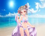  alternate_costume bangle beach bikini black_hair bow bracelet cloth cloud collarbone day directional_arrow horns jewelry kijin_seija killing looking_at_viewer multicolored_hair outdoors red_eyes red_hair short_hair sky smile solo streaked_hair swimsuit tied_hair tongue tongue_out touhou white_hair 