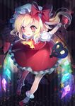  ascot blonde_hair bow dress flandre_scarlet glowing glowing_wings hat hat_bow highres kyouda_suzuka laevatein mob_cap open_mouth puffy_short_sleeves puffy_sleeves red_dress red_eyes shirt short_sleeves side_ponytail smile solo touhou wings wrist_cuffs 