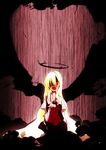  :d blonde_hair blouse darkness evil_smile ex-rumia fangs frilled_skirt frills hair_over_one_eye halo highres kameyan long_hair open_mouth red_eyes ribbon rumia skirt smile touhou very_long_hair vest wings 