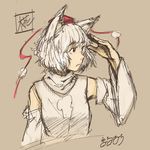  animal_ears detached_sleeves hat inubashiri_momiji looking_to_the_side maruhachi_(maruhachi_record) red_eyes shading_eyes short_hair sketch solo tokin_hat touhou white_hair wolf_ears 