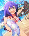  :d ahoge aqua_eyes bikini blue_hair bracelet idolmaster idolmaster_million_live! jewelry long_hair looking_at_viewer mochizuki_anna official_art open_mouth pointing smile solo_focus swimsuit v-shaped_eyebrows water_slide 