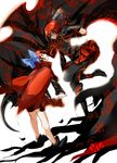  alternate_color backlighting black_gloves boots bow cape dark_persona dual_persona eye_contact floral_print gloves hair_bow highres knee_boots looking_at_another multiple_girls pants red_eyes red_hair sekibanki shigureru shirt skirt touhou 