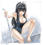  1girl black_hair bow breasts brown_eyes cleavage fairy_tail feet female kagura_mikazuchi large_breasts long_hair mashima_hiro solo swimsuit 