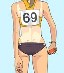  ass back blue_background brown_hair buruma dimples_of_venus from_behind number one-piece_tan original relay_baton simple_background skiplure solo sports_bikini tan tanline track_and_field track_uniform wristband 