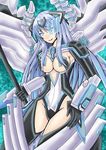  alternate_form artist_request blue_eyes blue_hair bodysuit breasts choujigen_game_neptune cleavage compile_heart gauntlets honke_ganso idea_factory kami_jigen_game_neptune_v kiseijou_rei long_hair mecha_musume neptune_(series) open_mouth polearm smile solo symbol-shaped_pupils very_long_hair weapon 