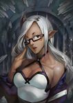  absurdres bare_shoulders blue_eyes breasts collarbone ear_piercing glasses highres horn large_breasts lips long_hair open_mouth original piercing solo weien white_hair 