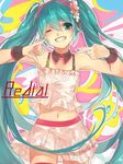  bad_id bad_pixiv_id bare_shoulders camisole collar copyright_name green_eyes green_hair grin hatsune_miku long_hair looking_at_viewer midriff nail_polish navel one_eye_closed redial_(vocaloid) run_(sweettimehappy) skirt smile solo twintails very_long_hair vocaloid 