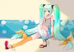  aqua_hair arm_support crop_top hatsune_miku kagemaro long_hair looking_at_viewer low-tied_long_hair midriff navel ribbon sandals smile solo twintails very_long_hair vocaloid 