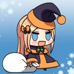  1girl :d abigail_williams_(fate/grand_order) alternate_costume bangs black_bow black_capelet black_dress black_hat blonde_hair blue_eyes blush_stickers bow capelet chibi commentary dress eyebrows_visible_through_hair fate/grand_order fate_(series) full_body hair_bow hat holding holding_sack long_hair long_sleeves looking_at_viewer maximilian-destroyer meme open_mouth orange_bow padoru parted_bangs romaji_commentary sack santa_costume santa_hat sleeves_past_wrists smile snowflakes solo very_long_hair wide_sleeves 