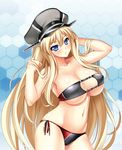 bikini bismarck_(kantai_collection) blonde_hair blue_eyes blush breasts cleavage hat highres kadorado kantai_collection large_breasts long_hair looking_at_viewer military_hat navel parted_lips side-tie_bikini solo swimsuit very_long_hair 