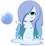  artist_name bangs blue_eyes blue_hair blush breasts bubble chibi flakykuun goo_girl hair_over_one_eye medium_breasts mon-musu_quest! monster_girl navel no_nipples one_eye_covered parted_bangs reaching_out sidelocks solo undine_(mon-musu_quest!) 